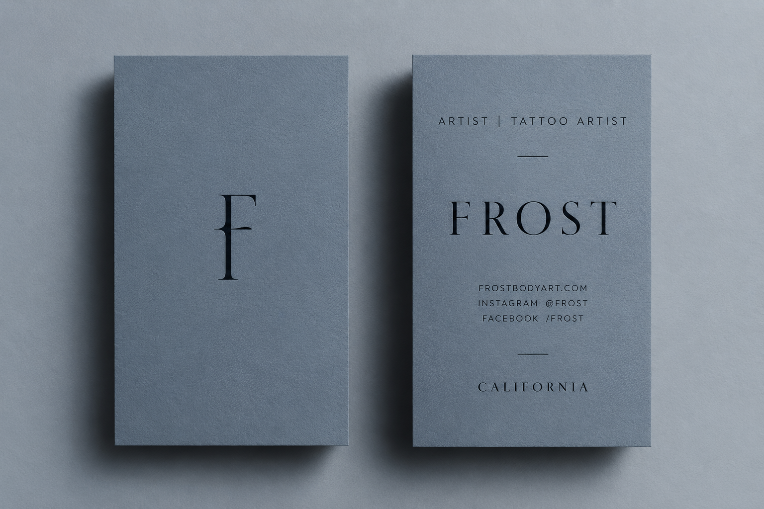 FROST identity: black serif lettering on textured blue-grey cards
